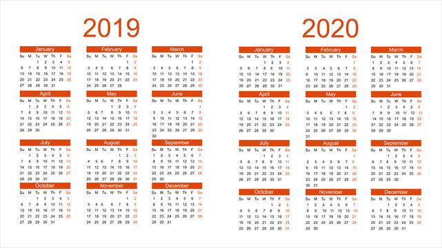 2019 and 2020 year calendar. Vector
