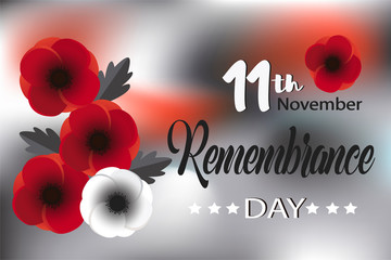 Remembrance day vector. Poppy flowers on blurred background illustration. 11th of November.