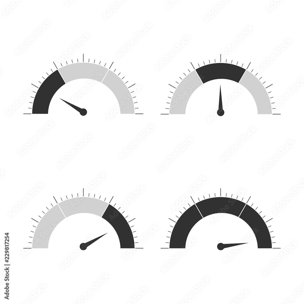 Poster meter icons set. speedometer display, power interface, gauge with arrow to measure speed of a vehicl