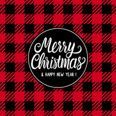 Merry Christmas white hand drawn lettering text inscription. Vector illustration Checkered black and red background. Holiday Happy New Year Greeting Design Card