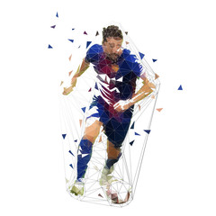 Football player in dark blue jersey running with ball, abstract low poly vector drawing. Running soccer player. Isolated geometric colorful illustration, front view