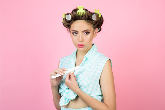 retro woman with fashion makeup and hair. happy girl grooming in morning. beauty salon and hairdresser. Pin up girl. vintage housewife woman make manicure. Stylish and confident. Fashion is her life