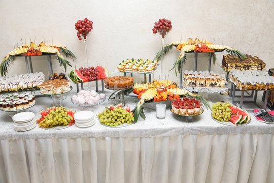 Candy bar. Table with sweets, candies, dessert.