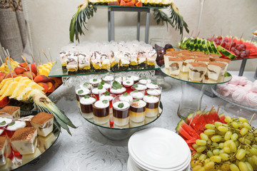 Candy bar. Table with sweets, candies, dessert.