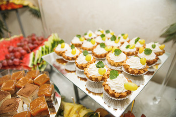 Candy bar. Table with sweets, candies, dessert.