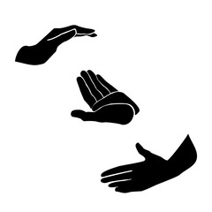 Silhouettes of two arms outstretched to each other. Vector isolated monochrome picture.