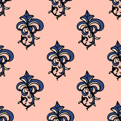 Cute damask, fleur de lis abstract seamless pattern with hand drawn decoration.  Vector illustration. © _aine_