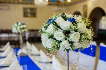 Beautiful wedding restaurant for marriage. White decor for bride and groom.