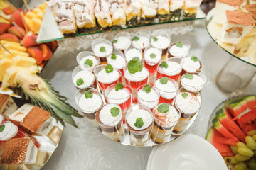 Candy bar. Table with sweets, candies, dessert.