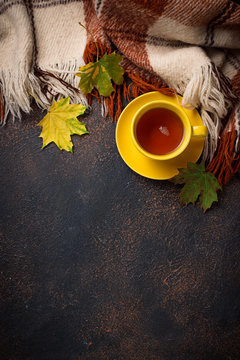Autumn background with cup of tea, plaid and leaves © Yulia Furman