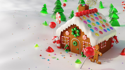Christmas Gingerbread house in snow. 3d rendering