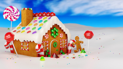 Christmas Gingerbread house in snow. 3d rendering