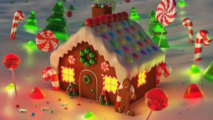 Gingerbread house Christmas night scene backgound, snowy night with stars. 3d rendering.