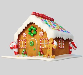 Christmas Gingerbread house in snow. 3d rendering