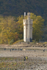 niedrigwasser im rhein am mäuseturm bei bingen