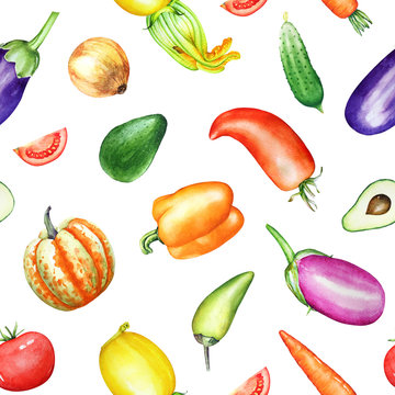  Seamless pattern with watercolor colorful vegetables on white background.