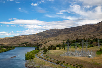 The substation below the Aviemore Dam on the bank of the Waitaki River, New Zealand