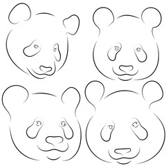 Set of vector illustration. Stylized pandas faces. Hand drawn linear sketch.  Black silhouette on white background.