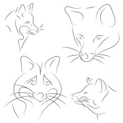 Set of vector illustration. Stylized foxes faces. Hand drawn linear sketch.  Black silhouette on white background.