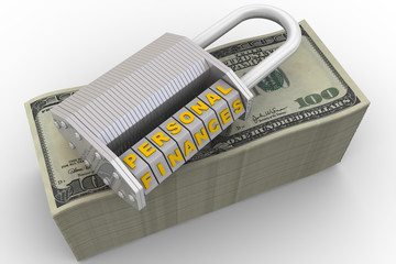 Personal finances are protected. Combination lock (wordlock) with letters PERSONAL FINANCES on a pack of US banknotes. Isolated. 3D Illustration