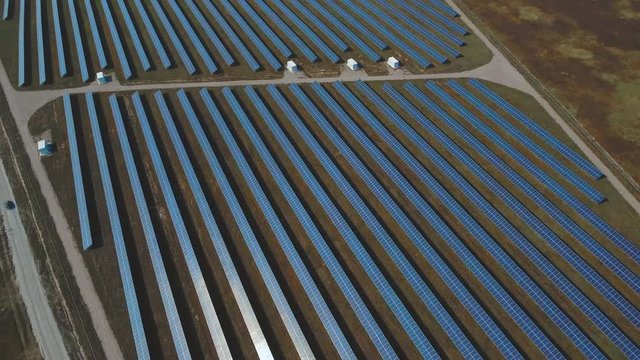 Panoramic view of a solar power plant. Shot on drone