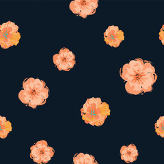 Modern floral seamless vector pattern with hand painted elements.Colorful flowers in pinks and oranges float over a black background. Great for textiles, fashion, decor, stationery and graphic design.