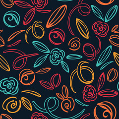 Vibrant floral pattern on a dark background with hand drawn line elements, This seamless vector repeat has a 1970s vibe. Red, turquoise, yellow, orange on black for textiles, fashion and decor.