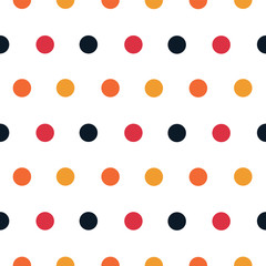 Polka dot seamless vector pattern in 1970's colors, Black, orange and gold on a white background, Trendy and fun, good for textiles, home decor, stationery wallpaper and graphic design uses.
