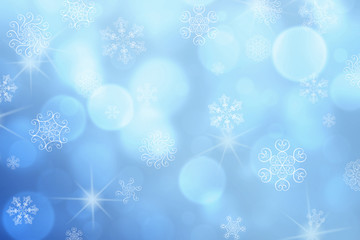 Christmas abstract winter shiny snow bokeh background with unique snowflakes