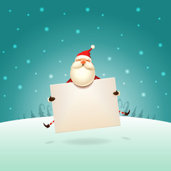 Cute Santa Claus jumping with board on winter landscape - Christmas template poster
