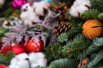 Fototapeta na wymiar Colorful Christmas decorations on tree for festive background