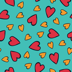 Fun comic style hearts in red, turquoise black in seamless vector pattern. All over print multi directional print for textiles, fashion, cards, gift wrapping paper, invitations and stationery items.
