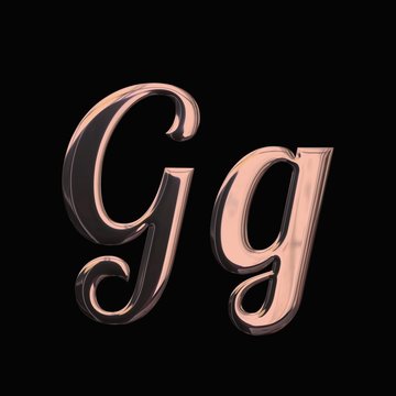 Alphabet letter G with metallic rose gold texture, 3D rendering, hand drawn uppercase lowercase abc, textured calligraphy font, handwriting typography for poster, banner, invitation