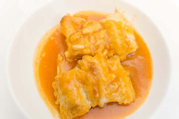 Merluza a la sidra, hake in cider sauce, spanish typical food
