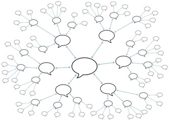 Network with speech bubbles. Symbolic for rumors, gossip factory, disclosure of information or knowledge sharing.
