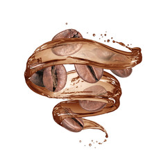 Coffee beans with coffee splashes on white background