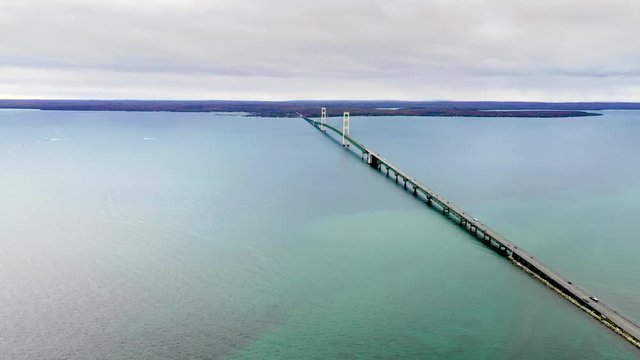 Aerial view footage of the beautiful Mackinaw Bridge. The largest suspended bridge in America