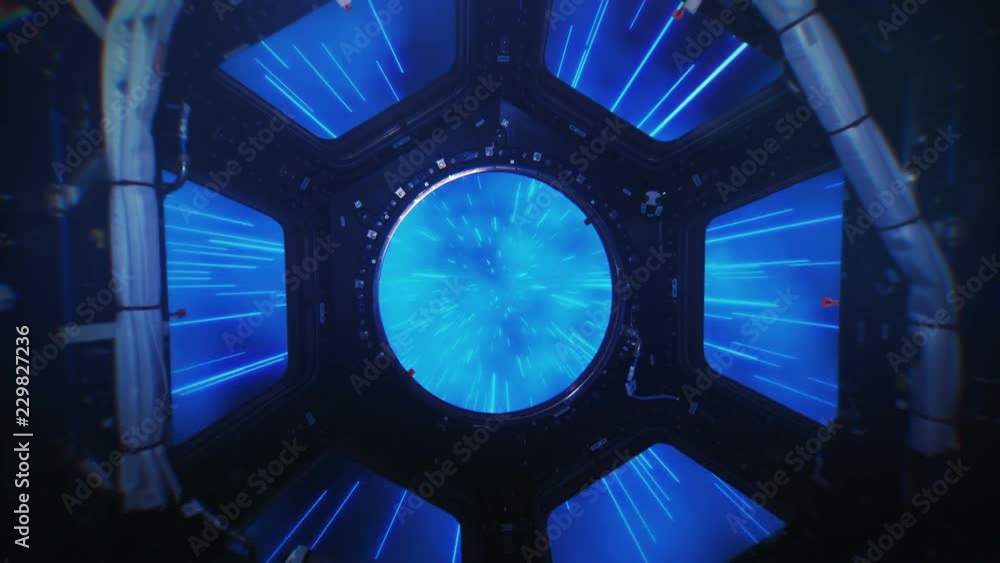 Poster abstract hyper jump in outer space on a spaceship view from the window, element finished by nasa