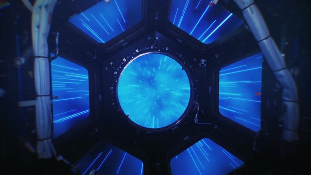 Abstract hyper jump in outer space on a spaceship view from the window, element finished by NASA