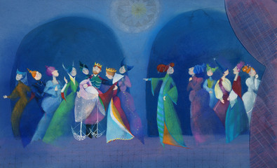 crayon and watercolor illustration of a celebration of a princess being born