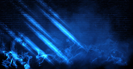 Background of empty brick wall, concrete floor, neon light, sear