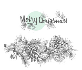 Christmas garland Realistic Botanical ink sketch of fir tree branches with pine cone isolated on white background. Good idea for design templates invitations, greeting cards. Vector illustrations
