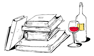 a pile of old books near a bottle and a glass of red wine - vector illustration