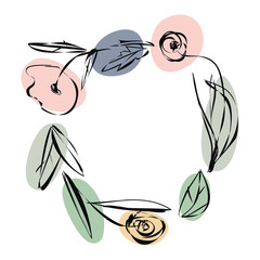 Hand-painted frame with flowers, leaves and plants isolated on white background. Wreath of black outlines and fill different colors.