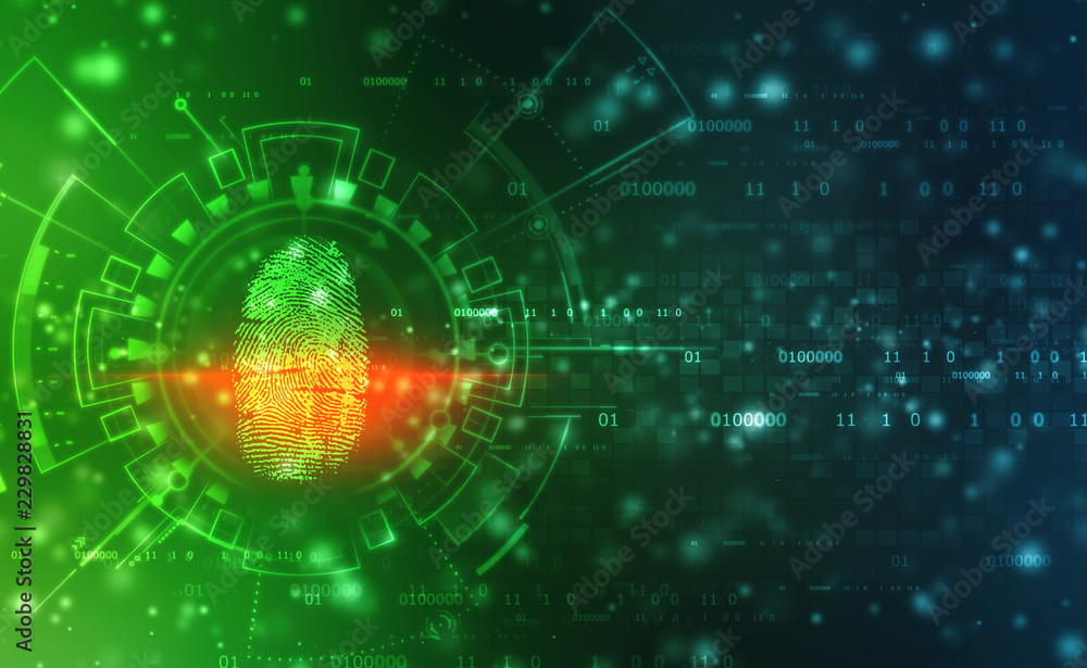 Poster fingerprint scanning identification system. biometric authorization and business security concept. d