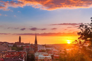 Scenic aerial view of the Old Town with Oscar Fredrik Church in the gorgeous sunset, Gothenburg,...