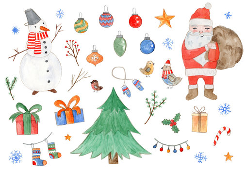 Big colorful watercolor set of cute Christmas elements including fir, snowman, Santa Claus, giftboxes, mittens, stocking, snowflakes for new year banner design, stickers, kids apps