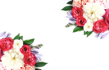 Festive flower composition on white background. Top view. Overhead