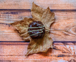 Chocolate cupcake on a big yellow leaf on a wooden background