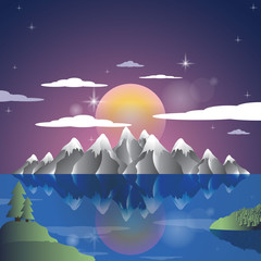 Alps Landscape sunset cartoon illustration background. Mountains vector.
